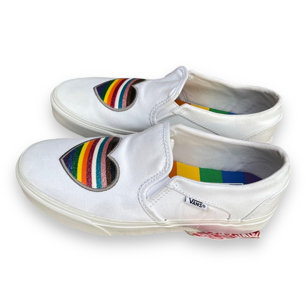 Vans Classic Slip-On Pride Rainbow Heart White Canvas Sneakers Shoes Women's 8 - Picture 3 of 5